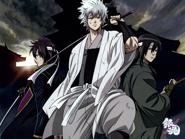 Anime picture 1280x960 with gintama sunrise (studio) sakata gintoki takasugi shinsuke katsura kotarou shiroyasha long hair short hair black hair cloud (clouds) white hair japanese clothes black eyes sunlight group samurai boy uniform ribbon (ribbons) sword