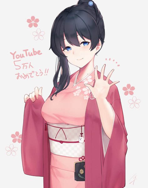 Anime picture 1042x1321 with virtual youtuber nijisanji onomachi haruka hayabusa single long hair tall image looking at viewer fringe blue eyes black hair smile hair between eyes upper body traditional clothes japanese clothes mole text waving milestone celebration