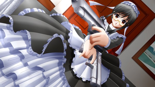 Anime picture 1366x768 with original ilolamai single short hair black hair wide image brown eyes maid girl weapon glasses gun