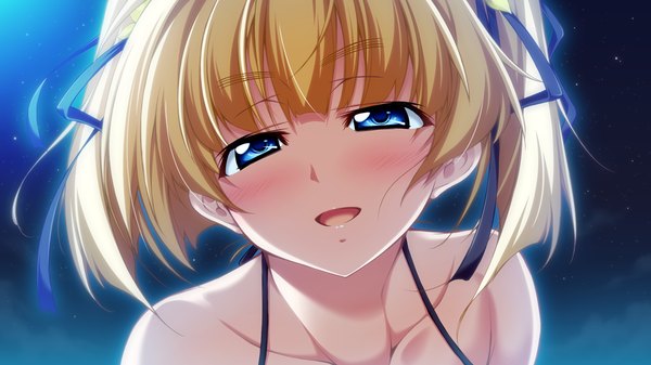 Anime picture 1024x576 with taiyou no promia taiyou no promia flowering days elegano von kreutzer blush short hair open mouth blue eyes blonde hair wide image twintails game cg night short twintails girl ribbon (ribbons) hair ribbon