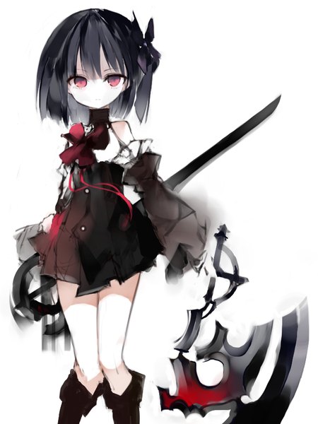 Anime picture 685x914 with original kotatu (akaki01aoki00) single tall image fringe short hair black hair simple background red eyes white background bare shoulders long sleeves blood stains girl dress weapon detached sleeves sword black dress knee boots