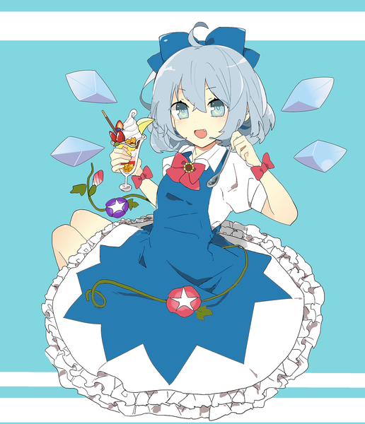 Anime picture 1261x1466 with touhou cirno tanned cirno m (star) single tall image looking at viewer fringe short hair open mouth simple background hair between eyes holding ahoge :d grey hair puffy sleeves blue background girl dress