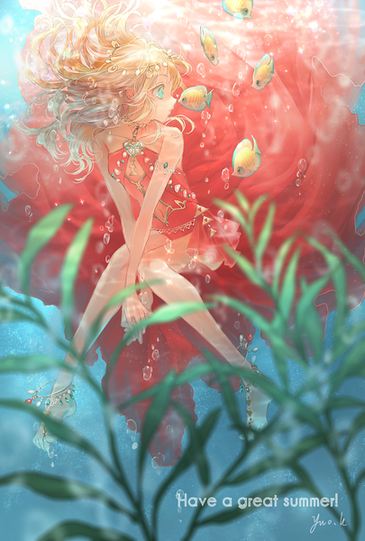 Anime picture 900x1332 with original nemumi no sora single long hair tall image blue eyes blonde hair signed looking away full body profile barefoot text turning head underwater english girl dress animal bubble (bubbles)