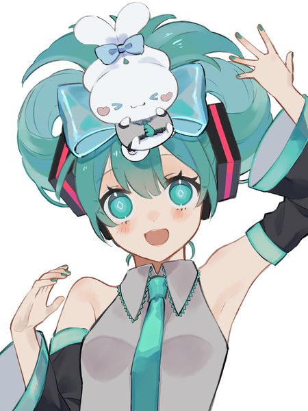 Anime picture 1500x2000 with vocaloid sanrio hatsune miku cinnamiku cinnamoroll kichi (pixiv25258413) single tall image looking at viewer blush fringe short hair open mouth simple background hair between eyes white background upper body eyes closed nail polish :d