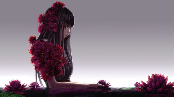Аниме картинка 1500x844 с оригинальное изображение menka один (одна) длинные волосы чёлка чёрные волосы широкое изображение карие глаза профиль цветок в волосах губы девушка украшения для волос цветок (цветы) вода кувшинка