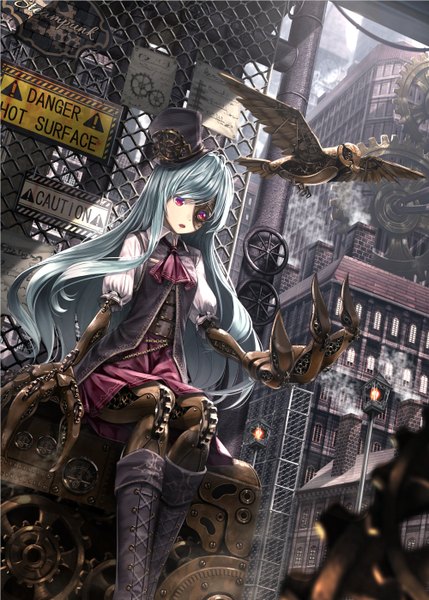 Anime picture 1000x1399 with original ryosios single long hair tall image fringe open mouth red eyes sitting looking away silver hair bent knee (knees) sunlight arm support from below shadow dutch angle text outstretched arm city