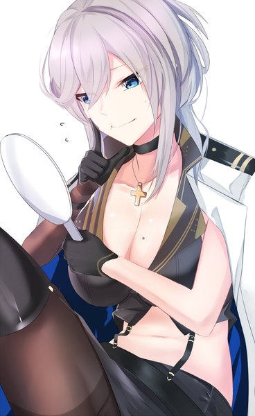 Anime picture 1000x1629 with azur lane washington (azur lane) eternity (shadeh) single long hair tall image fringe breasts blue eyes light erotic simple background hair between eyes large breasts white background holding grey hair mole clothes on shoulders mole on breast :t