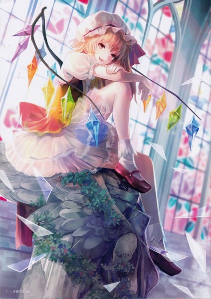 Anime picture 4911x6969 with touhou flandre scarlet siro single long hair tall image fringe highres open mouth blonde hair smile purple eyes absurdres broken broken glass girl dress plant (plants) hat wings