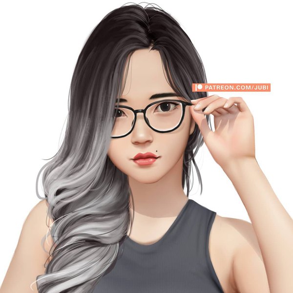 Anime picture 1080x1080 with real life adela pramestiayu (yuuchan) jubi (regiana) single looking at viewer black hair simple background white background signed grey hair black eyes mole lipstick portrait gradient hair girl glasses tank top