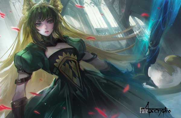 Anime picture 1581x1034 with fate (series) fate/grand order fate/apocrypha atalanta (fate) kang kang zi single long hair looking at viewer fringe breasts open mouth blonde hair holding green eyes animal ears payot ahoge multicolored hair green hair blurry