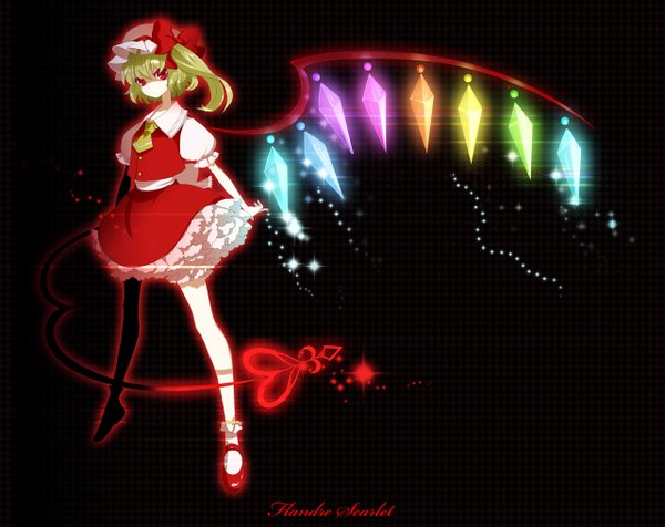 Anime picture 1280x1016 with touhou flandre scarlet mami (apsaras) short hair blonde hair red eyes one side up black background girl skirt weapon wings socks white socks bonnet skirt set crystal laevatein (touhou)
