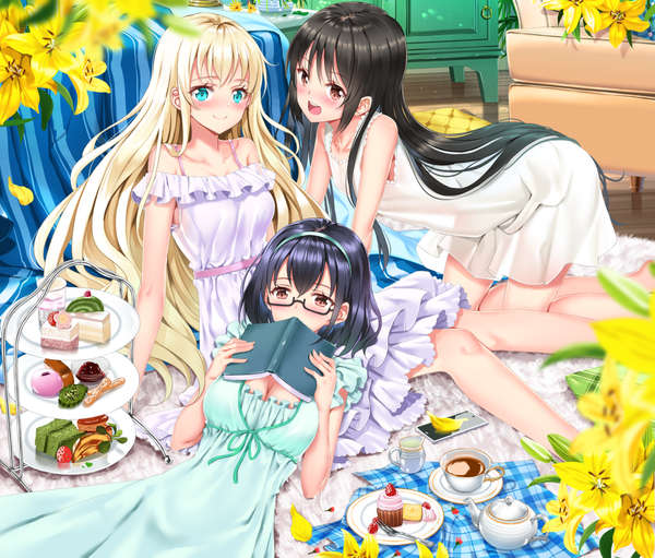 Anime picture 1392x1187 with asobi asobase olivia (asobi asobase) honda hanako nomura kasumi swordsouls long hair blush fringe breasts open mouth black hair blonde hair smile hair between eyes sitting multiple girls brown eyes cleavage lying :d