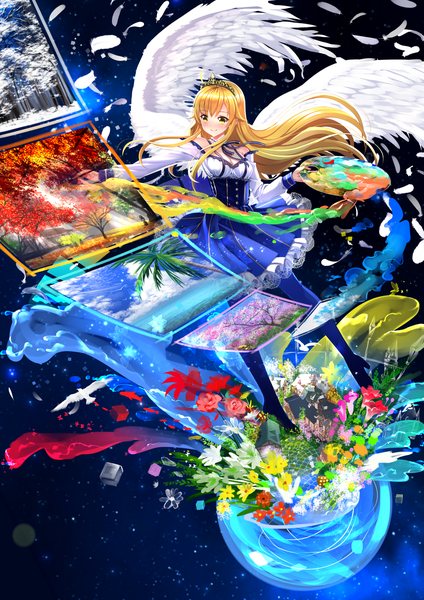 Anime picture 1357x1920 with original pixiv-tan swordsouls single long hair tall image fringe blonde hair smile yellow eyes payot looking away full body long sleeves angel wings girl dress flower (flowers) animal wings