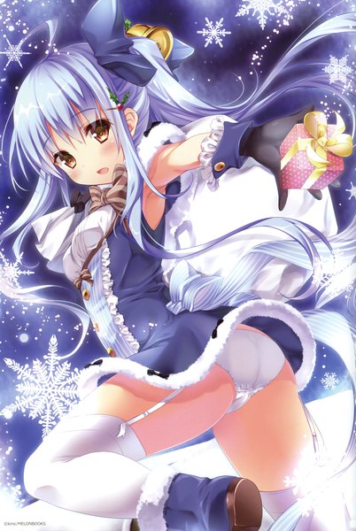 Anime picture 2549x3800 with melonbooks kino (kino konomi) single long hair tall image fringe highres light erotic hair between eyes brown eyes blue hair scan official art :o armpit (armpits) fur trim outstretched arm christmas girl thighhighs