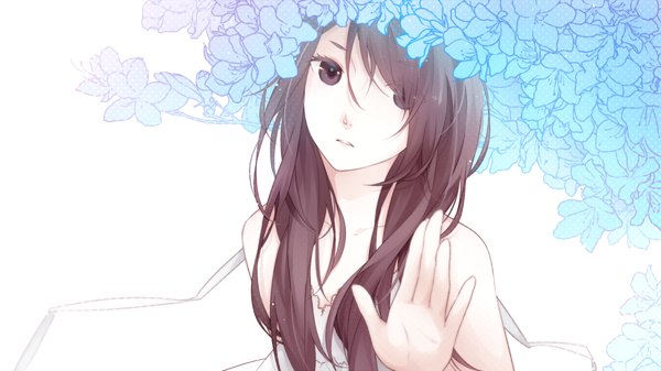Anime picture 1000x562 with original sekiyu single long hair looking at viewer fringe brown hair wide image white background bare shoulders brown eyes teeth girl dress flower (flowers) ribbon (ribbons) sundress hand