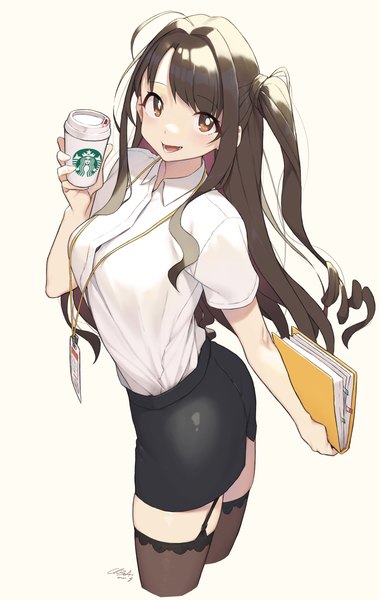 Anime picture 2222x3508 with idolmaster idolmaster cinderella girls starbucks shimamura uzuki cloba single long hair tall image looking at viewer highres breasts open mouth simple background smile brown hair white background brown eyes signed short sleeves one side up