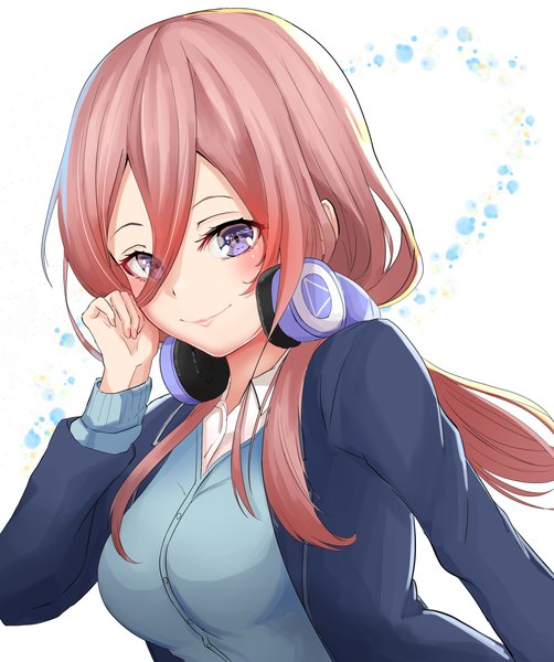 Anime picture 2006x2400 with go-toubun no hanayome nakano miku arikapu (alice beyond) single long hair tall image looking at viewer blush fringe highres simple background smile hair between eyes white background purple eyes pink hair upper body hand on face headphones around neck alternate eye color