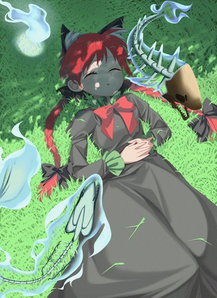 Anime picture 1493x2048 with touhou kaenbyou rin keiki8296 single long hair tall image animal ears red hair lying braid (braids) eyes closed long sleeves parted lips cat ears shadow on back twin braids sleeping extra ears skeleton