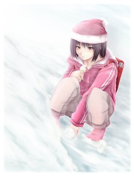 Anime picture 1000x1310 with original uro (uroboros) single tall image short hair black hair red eyes winter snow girl jacket cap snowball