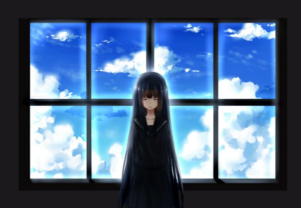イラスト 1012x700 と オリジナル akano sakura ソロ 長髪 黒髪 cloud (clouds) eyes closed 女の子 セーラー服 窓