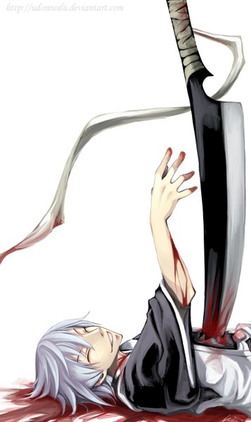 Anime picture 1635x2744 with bleach studio pierrot ichimaru gin tall image short hair simple background smile white background white hair lying eyes closed japanese clothes death boy weapon sword kimono katana blood bandage (bandages)