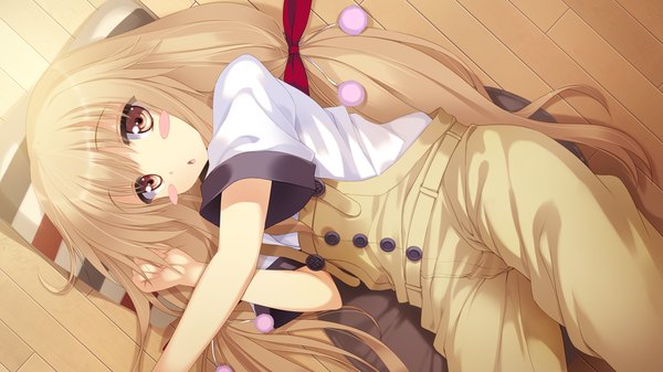 Anime picture 1280x720 with koiken otome chiyoda mari single long hair looking at viewer blush open mouth blonde hair wide image brown eyes game cg lying girl bow hair bow overalls