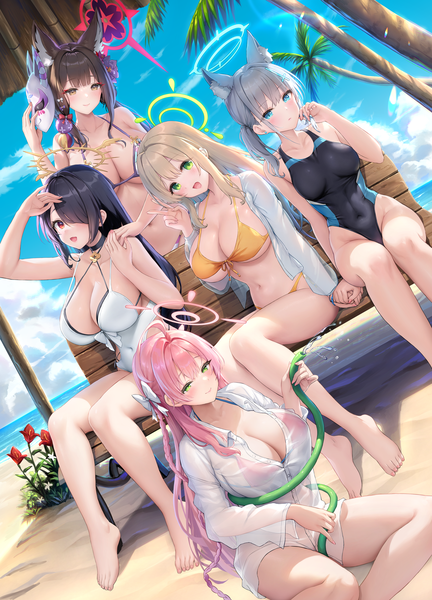 Anime picture 4035x5600 with blue archive shiroko (blue archive) shiroko (swimsuit) (blue archive) hanako (blue archive) nonomi (blue archive) hanako (swimsuit) (blue archive) wakamo (blue archive) nonomi (swimsuit) (blue archive) hinata (blue archive) wakamo (swimsuit) (blue archive) hinata (swimsuit) (blue archive) sayika long hair tall image looking at viewer blush fringe highres breasts open mouth