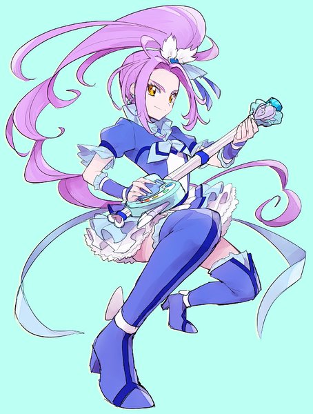 Anime picture 660x872 with precure suite precure toei animation seiren (suite precure) cure beat kurochiroko single tall image looking at viewer simple background smile yellow eyes purple hair ponytail very long hair side ponytail blue background squat magical girl girl