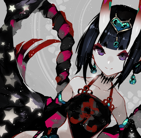 Anime picture 1023x1000 with fate (series) fate/grand order shuten douji (fate) shuten douji (halloween caster) (fate) kusakanmuri single looking at viewer fringe short hair black hair smile purple eyes bare shoulders traditional clothes horn (horns) dutch angle chinese clothes eyeshadow oni horns star print