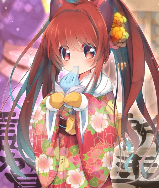 Anime picture 1100x1300 with quiz magic academy aloe matakiti single long hair tall image blush red eyes twintails red hair traditional clothes japanese clothes girl gloves hair ornament ribbon (ribbons) hair ribbon food kimono fur-trimmed kimono