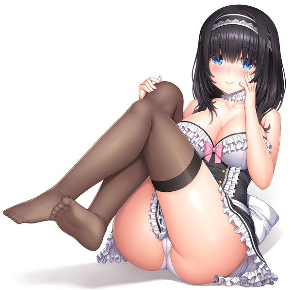 Anime picture 1198x1193 with idolmaster idolmaster cinderella girls sagisawa fumika lambda (kusowarota) single long hair looking at viewer blush fringe breasts blue eyes light erotic black hair simple background smile large breasts white background sitting cleavage full body