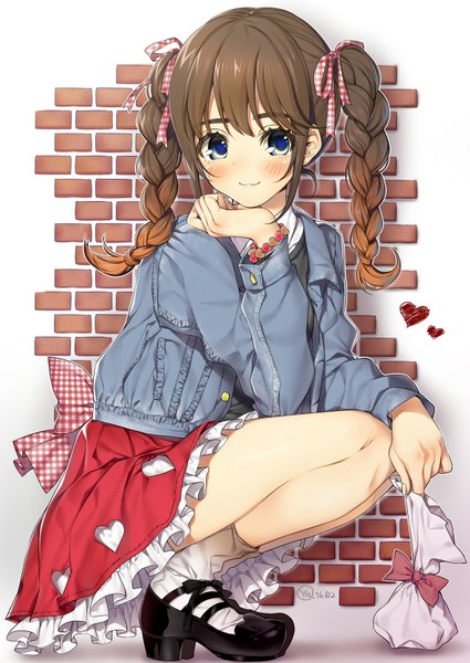 Anime picture 1181x1667 with original yana mori single long hair tall image looking at viewer blush blue eyes smile brown hair braid (braids) twin braids squat :3 valentine chin rest girl dress socks jacket