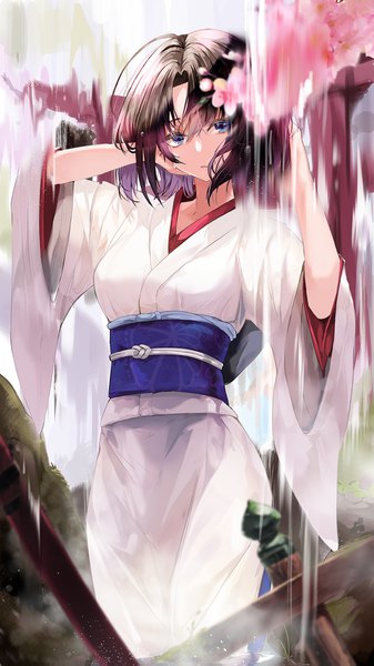 Anime picture 1125x1999 with fate (series) fate/grand order kara no kyoukai type-moon ryougi shiki kooemong single tall image looking at viewer fringe short hair blue eyes black hair hair between eyes standing ahoge outdoors traditional clothes head tilt japanese clothes