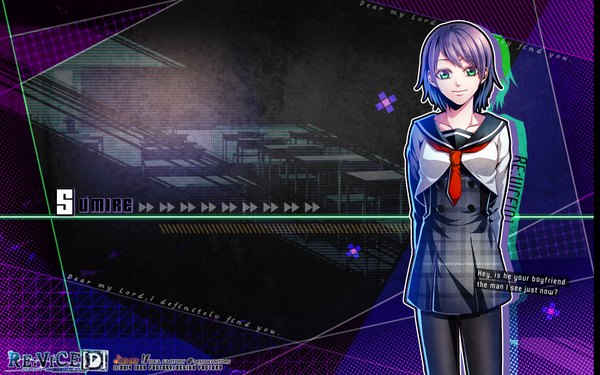 Anime picture 1920x1200 with re:vice[d] idea factory sumire (re:vice[d]) looking at viewer fringe highres short hair standing green eyes purple hair light smile inscription official art wallpaper girl uniform school uniform