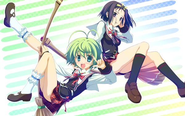 Anime picture 1920x1200 with wiz anniversary sofiace raphonitte granitiana cristia blush highres short hair open mouth blue eyes black hair wide image purple eyes multiple girls green hair girl skirt uniform 2 girls school uniform socks broom