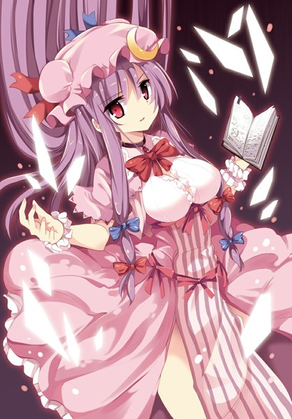 Anime picture 762x1091 with touhou patchouli knowledge matsuri uta single long hair tall image red eyes purple hair girl dress bow hair bow book (books) bonnet