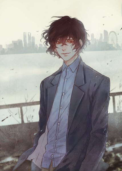 Anime picture 642x900 with bungou stray dogs studio bones dazai osamu (bungou stray dogs) saito yukihiro single tall image looking at viewer fringe short hair hair between eyes brown hair standing brown eyes sky upper body light smile wind blurry open jacket depth of field