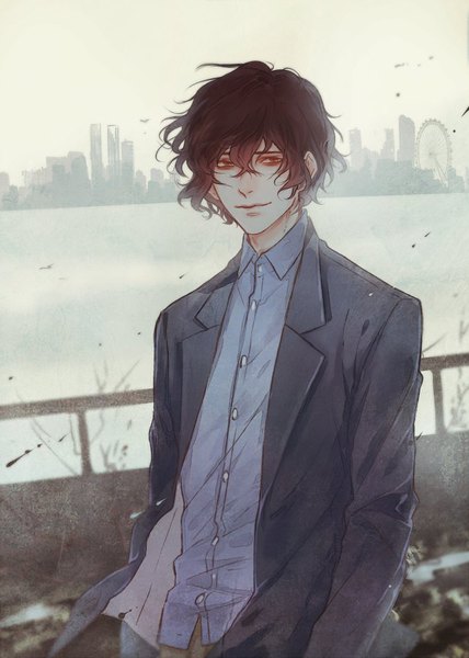 Anime-Bild 642x900 mit bungou stray dogs studio bones dazai osamu (bungou stray dogs) saito yukihiro single tall image looking at viewer fringe short hair hair between eyes brown hair standing brown eyes sky upper body light smile wind blurry open jacket depth of field