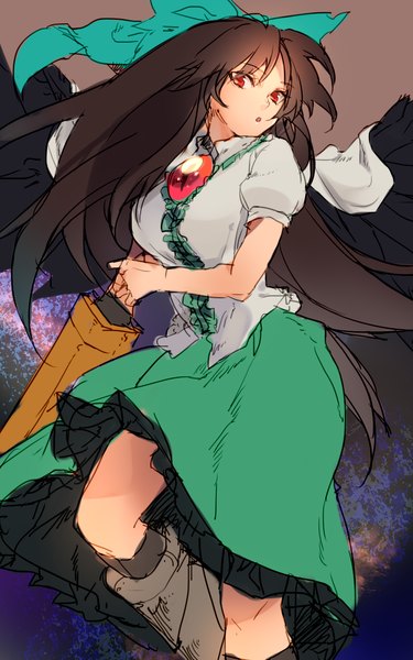 Anime picture 900x1440 with touhou reiuji utsuho asuna (i luv) single long hair tall image looking at viewer open mouth simple background red eyes brown hair :o black wings space brown background starry sky print arm cannon space print girl bow