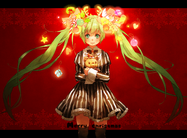 Anime picture 1200x886 with vocaloid hatsune miku pood1e single long hair smile twintails green eyes green hair inscription christmas letterboxed striped red background merry christmas girl thighhighs dress food sweets