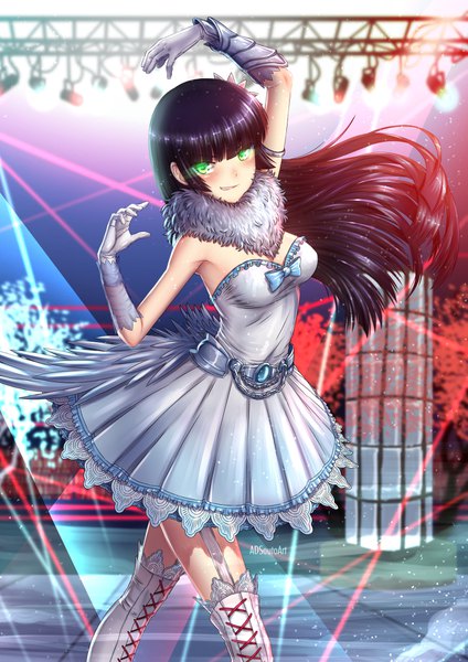 Anime picture 1240x1754 with rwby rooster teeth melanie malachite adsouto single long hair tall image looking at viewer blush fringe black hair smile standing green eyes signed payot bent knee (knees) blunt bangs arm up sparkle