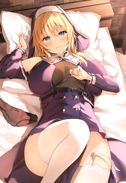 Anime picture 2765x4000 with original sune (mugendai) single long hair tall image looking at viewer blush fringe highres breasts blue eyes light erotic blonde hair hair between eyes large breasts holding payot bent knee (knees) indoors lying