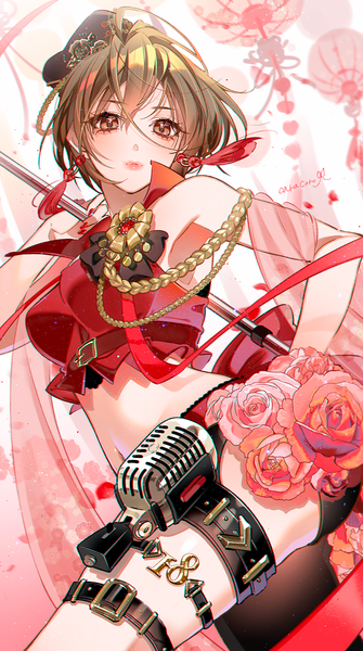 Anime picture 900x1614 with vocaloid meiko caracoro single tall image looking at viewer fringe short hair light erotic hair between eyes brown hair brown eyes lips from below girl flower (flowers) earrings rose (roses) thigh strap tassel