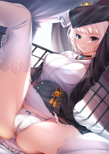 Anime picture 1600x2259 with original dropb single tall image looking at viewer blush fringe short hair breasts light erotic blonde hair large breasts sitting blunt bangs long sleeves arm up mole grey eyes dutch angle spread legs