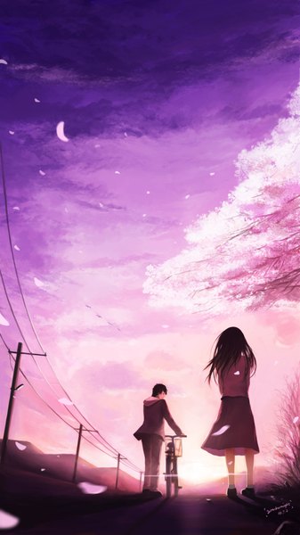 Anime picture 1080x1920 with original sombernight long hair tall image short hair black hair standing signed looking back wind from behind cherry blossoms dated mountain walking girl boy plant (plants) petals tree (trees)