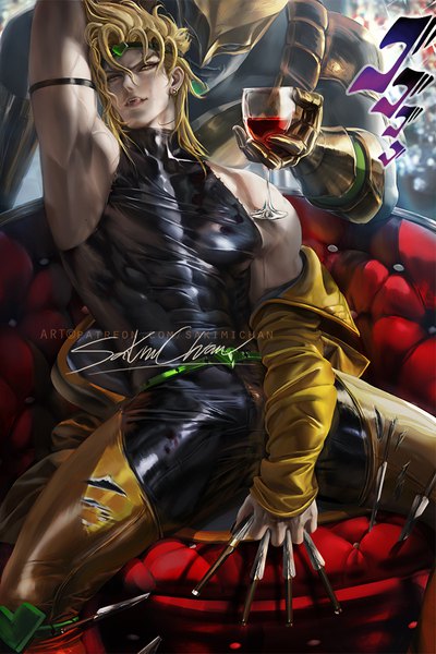 Anime picture 667x1000 with jojo no kimyou na bouken dio brando the world sakimichan single tall image looking at viewer fringe short hair open mouth light erotic blonde hair hair between eyes sitting bare shoulders holding signed yellow eyes head tilt arm up