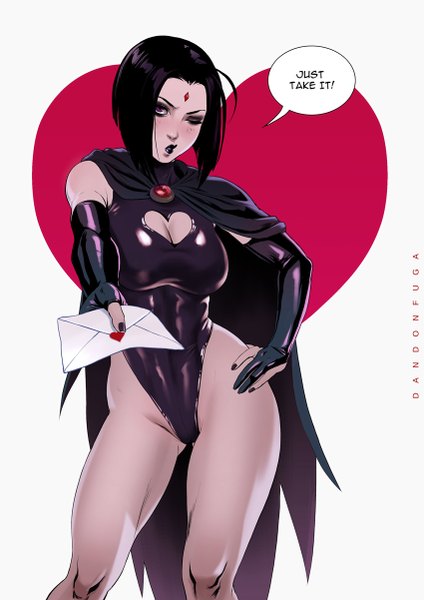 Anime picture 850x1202 with teen titans raven (teen titans) dandon fuga single tall image looking at viewer blush short hair light erotic black hair simple background standing purple eyes holding signed cleavage nail polish one eye closed wink realistic