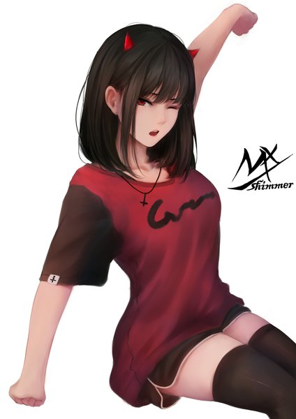 Anime picture 1364x1928 with original shimmer single tall image looking at viewer fringe short hair open mouth black hair simple background red eyes white background sitting payot one eye closed arm up horn (horns) short sleeves fang (fangs) zettai ryouiki