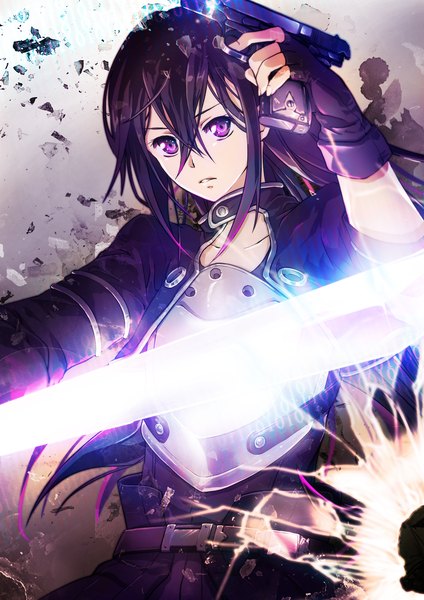 Anime picture 1240x1754 with sword art online a-1 pictures kirigaya kazuto mashibaya single long hair tall image fringe purple eyes holding looking away purple hair fingernails dual wielding otoko no ko boy weapon sword armor gun