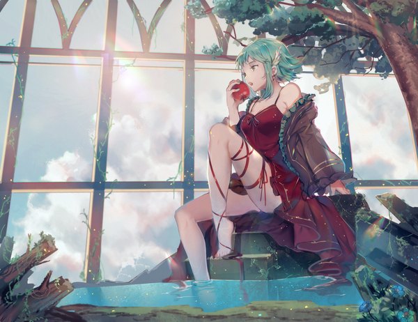 Anime picture 2470x1900 with vocaloid gumi shimizu sorrow single highres short hair breasts open mouth light erotic large breasts holding looking away sky cloud (clouds) nail polish profile barefoot green hair off shoulder soaking feet
